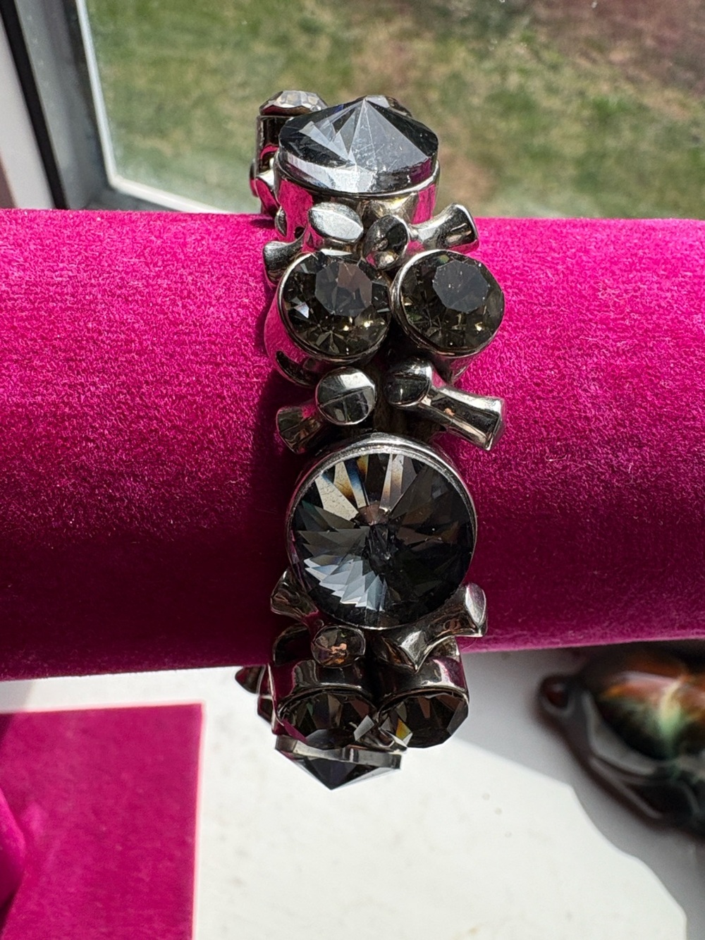 Gothic Smoky Crystal & Bone Motif Chunky Silver Statement Bracelet - #236